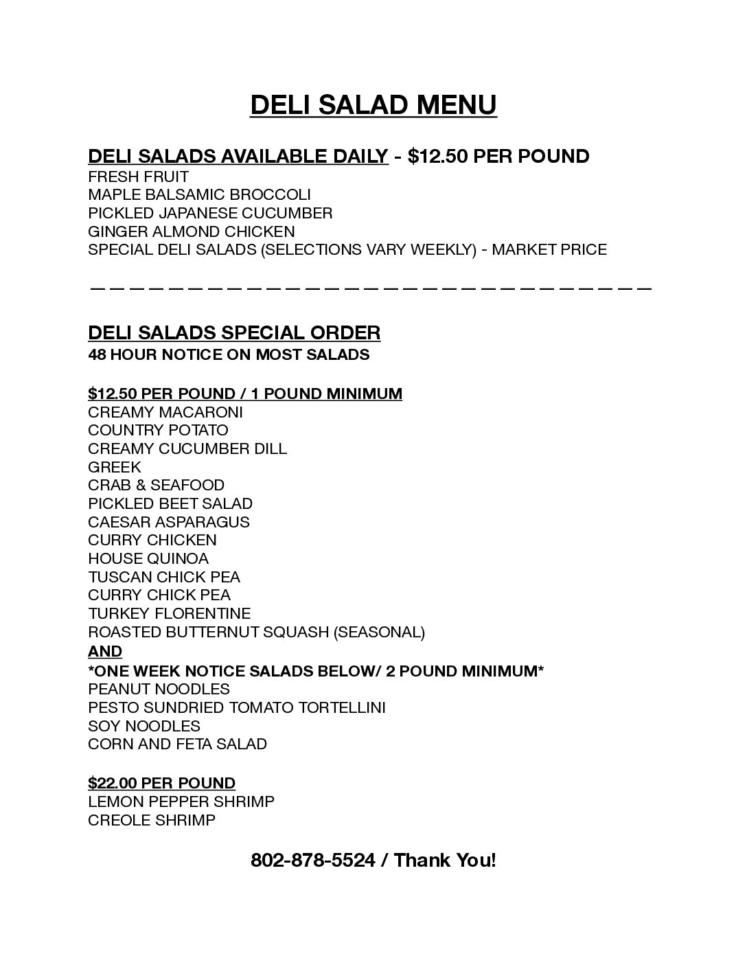 Deli Salads Chef's Corner Vermont