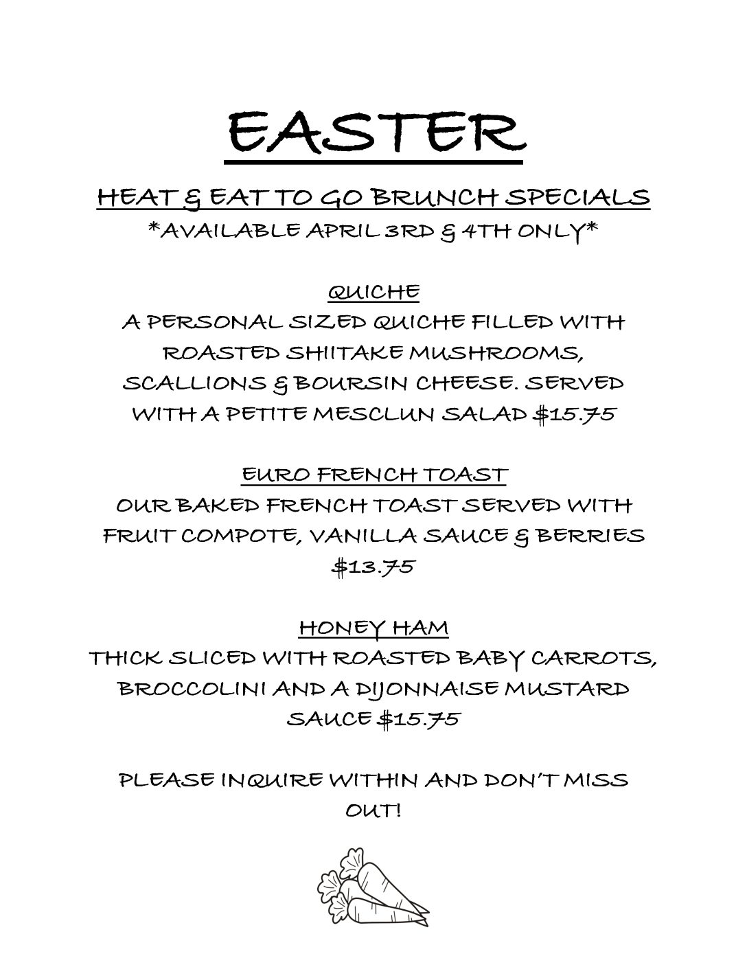 Easter Menu Chef's Corner Vermont